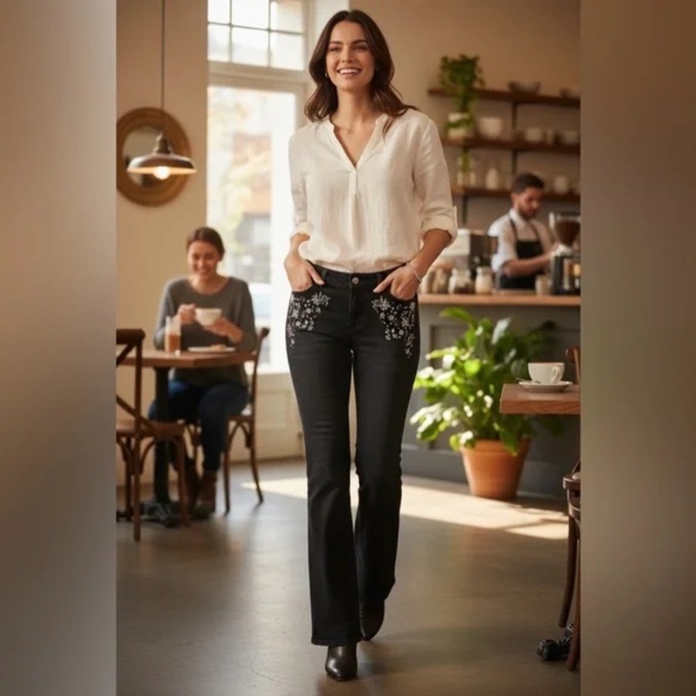 White House Black Market black flare jeans jewel/rhinestone embellishments 12R